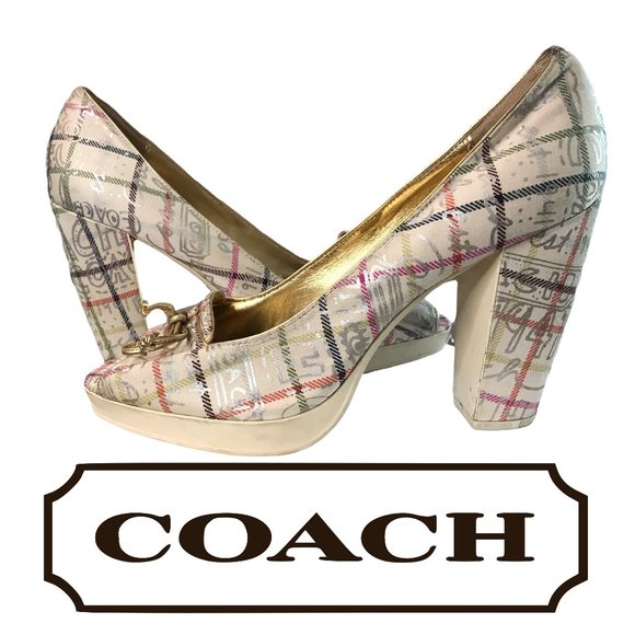 Coach Shoes - COACH CREAM GOLD LEATHER  GRAFFITI 'COREY' Platform Peep-Toe HEELS! Size 9B!